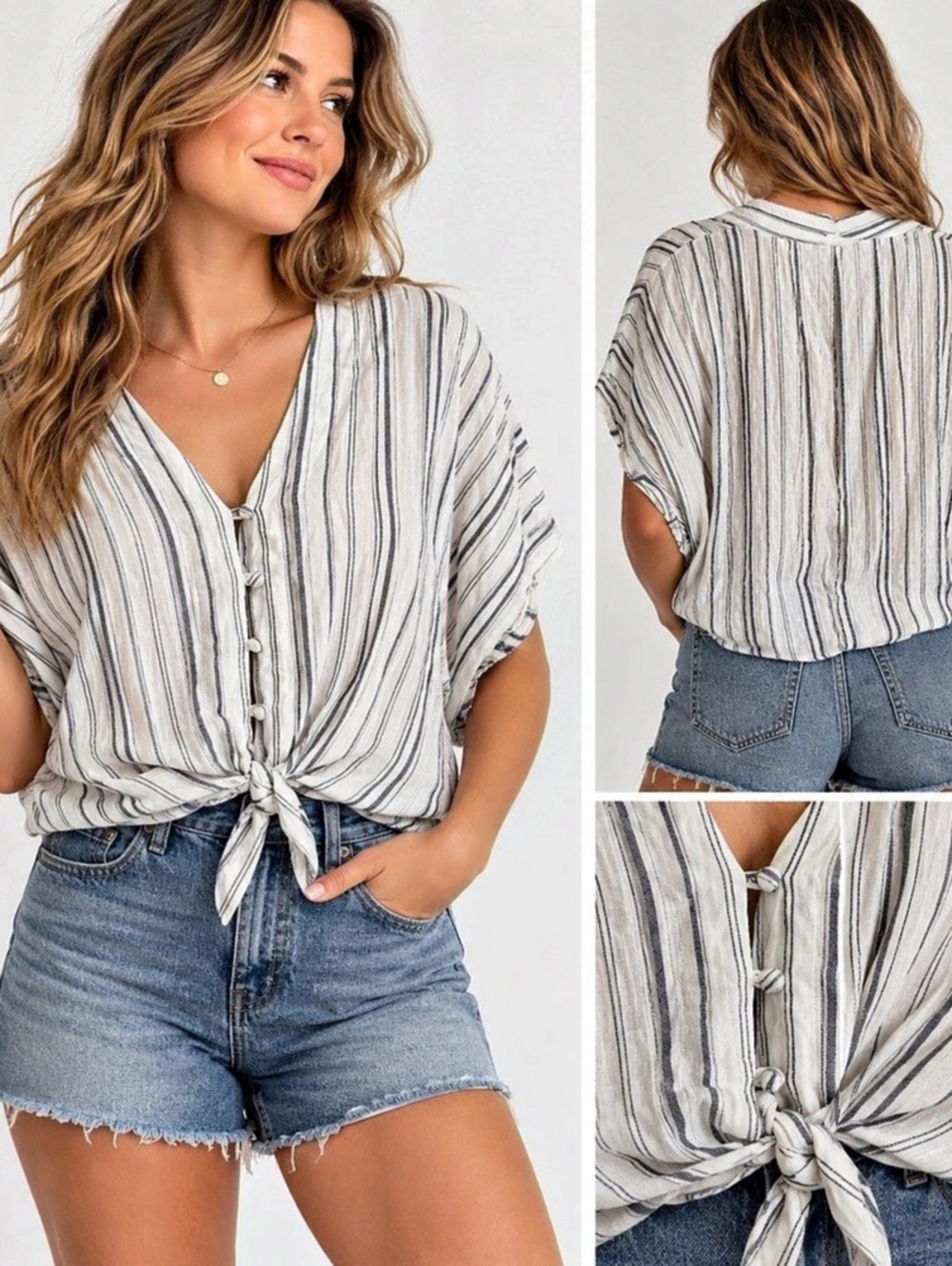 Sim & Sam striped tie-front blouse in a soft white/cream with navy vertical stri